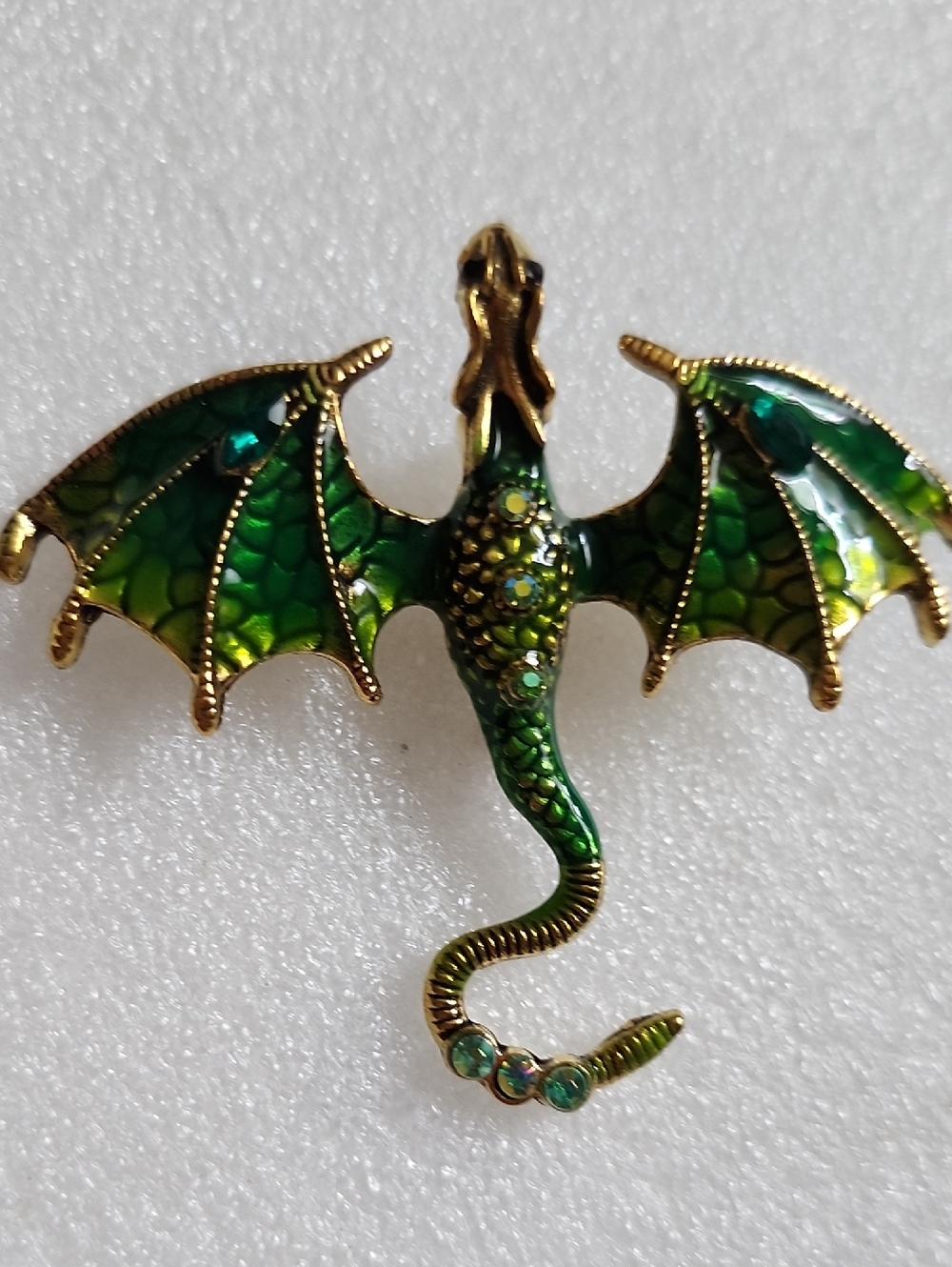 Green Dragon Wing Brooch with Rhinestones